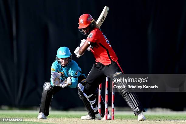 Hayley Matthews of the Renegades plays a shot during the Women's Big Bash League match between the Brisbane Heat and the Melbourne Renegades at Great...