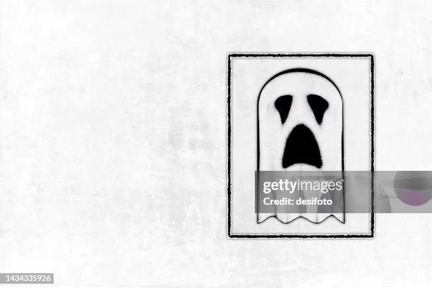 black and white colored horror spooky rustic halloween theme horizontal textured effect background with one abstract sad ghost three dimensional or 3d in a white veil as graffiti on rough scratched wall - hessian background stock illustrations