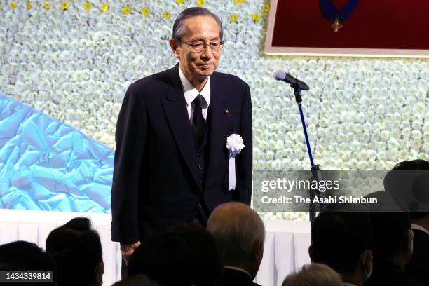 Lower House speaker Hiroyuki Hosoda addresses participants during the Yamaguchi Prefecture funeral for slain former prime minister Shinzo Abe at the...