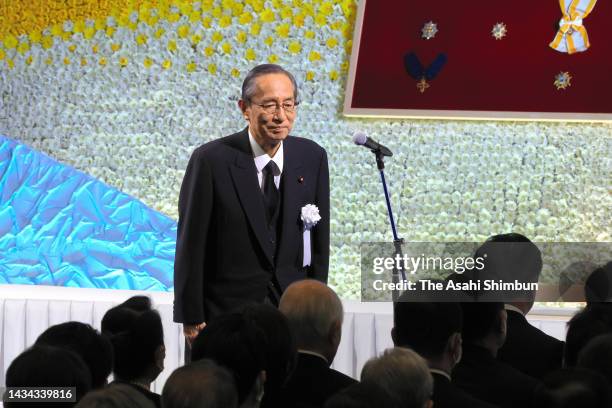 Lower House speaker Hiroyuki Hosoda addresses participants during the Yamaguchi Prefecture funeral for slain former prime minister Shinzo Abe at the...