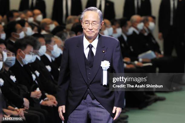 Lower House speaker Hiroyuki Hosoda walks to address participants during the Yamaguchi Prefecture funeral for slain former prime minister Shinzo Abe...