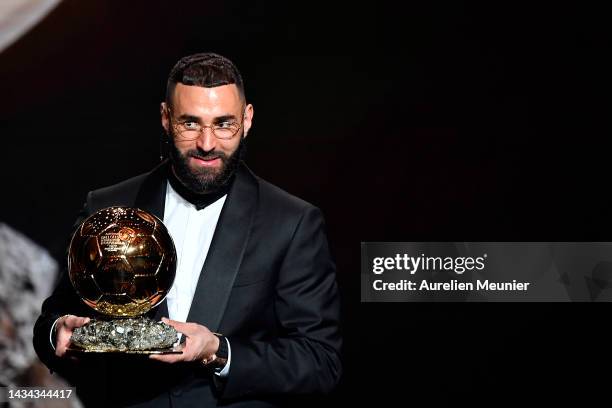 Karim Benzema receives the Ballon d'Or award during the Ballon D'Or ceremony at Theatre Du Chatelet In Paris on October 17, 2022 in Paris, France.