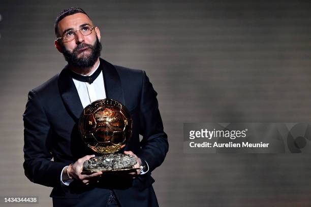 Karim Benzema receives the Ballon d'Or award during the Ballon D'Or ceremony at Theatre Du Chatelet In Paris on October 17, 2022 in Paris, France.