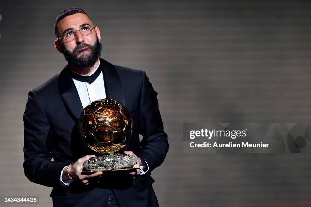 Karim Benzema receives the Ballon d'Or award during the Ballon D'Or ceremony at Theatre Du Chatelet In Paris on October 17, 2022 in Paris, France.