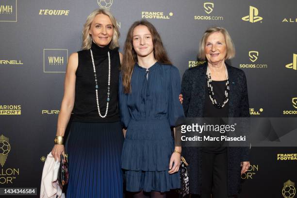 Aurore Amaury, a guest and Marie-Odile Amaury attend the Ballon d'Or photocall at Theatre Du Chatelet In Paris on October 17, 2022 in Paris, France.