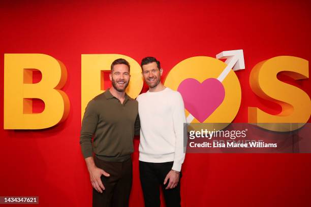 Luke Macfarlane and Billy Eichner attend the Sydney premiere of Bros at Hoyts Entertainment Quarter on October 18, 2022 in Sydney, Australia.