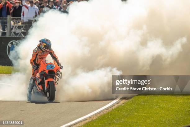 Remy Gardner of Australia and Tech3 KTM Factory Racing dose a burn out after the MotoGP of Australia at Phillip Island Grand Prix Circuit on October...