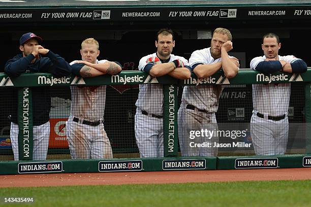 Lou Marson Aaron Cunningham Casey Kotchman Shelley Duncan and Jack Hannahan of the Cleveland Indians from the dugout during the ninth inning against...