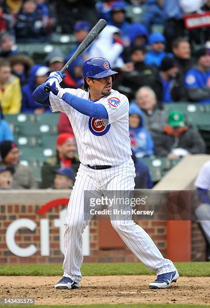 Geovany Soto of the Chicago Cubs bats against the Cincinnati Reds at Wrigley Field on April 20, 2012 in Chicago, Illinois. The Reds defeated the Cubs...