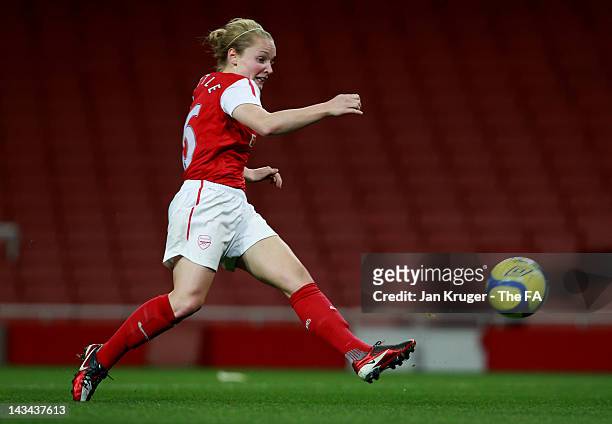 Kim Little of Arsenal Ladies shoots past Sarah Quantrill, Goalkeeper of Chelsea Ladies for the opening goal during the FA Women's Super League match...