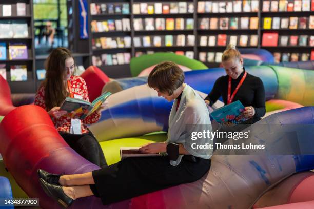 Woman read books in the Spanish pavilion hours before the official opening of the 2022 Frankfurt Book Fair on October 18, 2022 in Frankfurt, Germany....