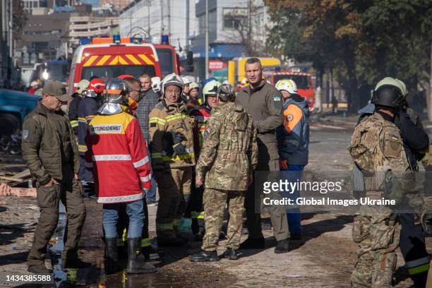 Vitalii Klychko, the mayor of Kyiv, attends at the site of the liquidation of the consequences of a Russian kamikaze drone attack as explosions rock...