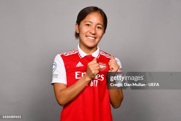 Mana Iwabuchi of Arsenal FC poses for a photo during the Arsenal FC UEFA Women's Champions League Portrait session on October 17, 2022 in London,...