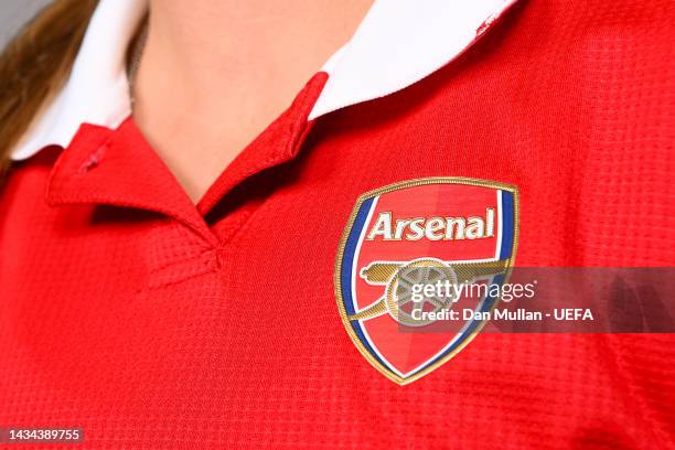 Detailed view the crest of Arsenal FC during the Arsenal FC UEFA Women's Champions League Portrait session on October 17, 2022 in London, England.