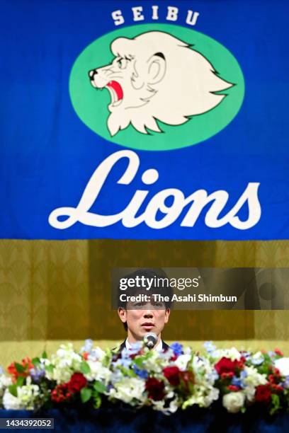 Saitama Seibu Lions new head coach Kazuo Matsui attends a press conference on October 18, 2022 in Tokyo, Japan.