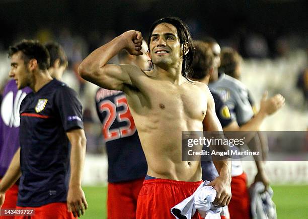 Radamel Falcao of Atletico Madrid celebrates their victory during the UEFA Europa League Semi Final second leg match between Valencia and Atletico...