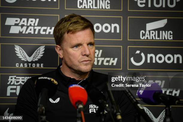 Newcastle United Head Coach Eddie Howe speaks during the Newcastle United Press Conference at The Newcastle United Training Centre on October 18,...