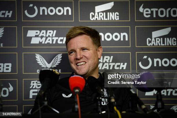 Newcastle United Head Coach Eddie Howe speaks during the Newcastle United Press Conference at The Newcastle United Training Centre on October 18,...