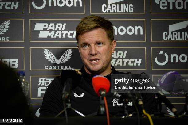 Newcastle United Head Coach Eddie Howe speaks during the Newcastle United Press Conference at The Newcastle United Training Centre on October 18,...