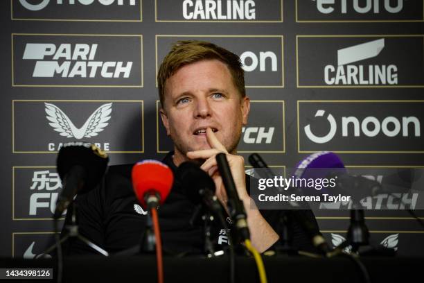 Newcastle United Head Coach Eddie Howe speaks during the Newcastle United Press Conference at The Newcastle United Training Centre on October 18,...