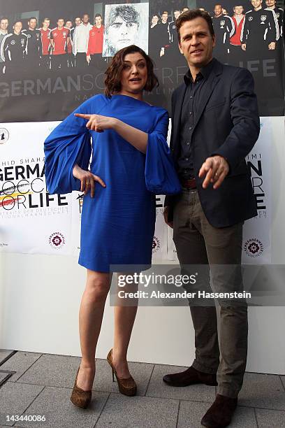 Nahid Shahalimi attends with Oliver Bierhoff, manager of the German national Football team, the 'German Soccer For Life' Exhibition at Schrannenhalle...