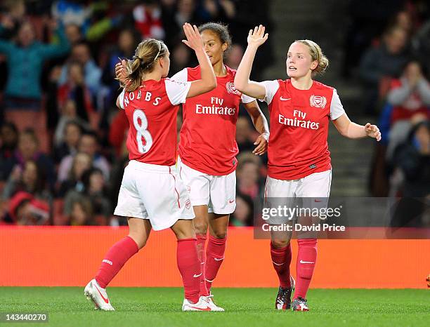 Kim Little of Arsenal Ladies celebrates scoring the 3rd Arsenal goal with Rachel Yankey and Jordan Nobbs during the match between Arsenal Ladies and...