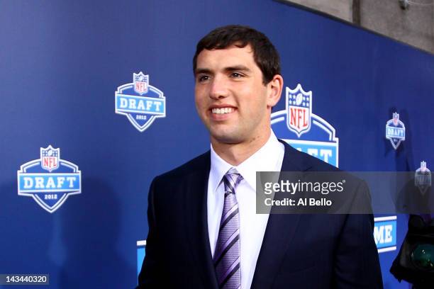 Quarterback prospect Andrew Luck from Stanford arrives on the red carpet during the 2012 NFL Draft at Radio City Music Hall on April 26, 2012 in New...
