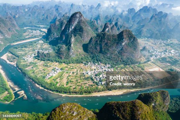 aerial view of great landscape at yangshuo country, guilin - li river stock pictures, royalty-free photos & images