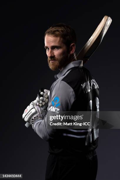 Kane Williamson poses during the New Zealand ICC Men's T20 Cricket World Cup 2022 team headshots at The Gabba on October 16, 2022 in Brisbane,...