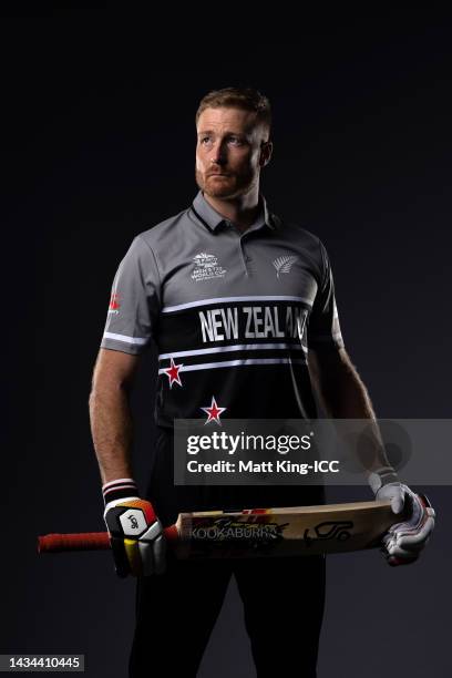 Martin Guptill poses during the New Zealand ICC Men's T20 Cricket World Cup 2022 team headshots at The Gabba on October 16, 2022 in Brisbane,...