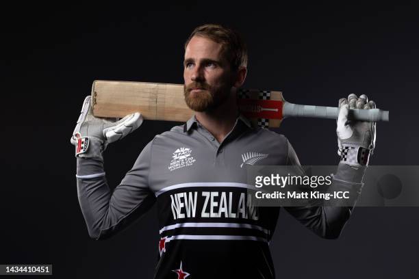 Kane Williamson poses during the New Zealand ICC Men's T20 Cricket World Cup 2022 team headshots at The Gabba on October 16, 2022 in Brisbane,...