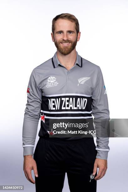 Kane Williamson poses during the New Zealand ICC Men's T20 Cricket World Cup 2022 team headshots at The Gabba on October 16, 2022 in Brisbane,...