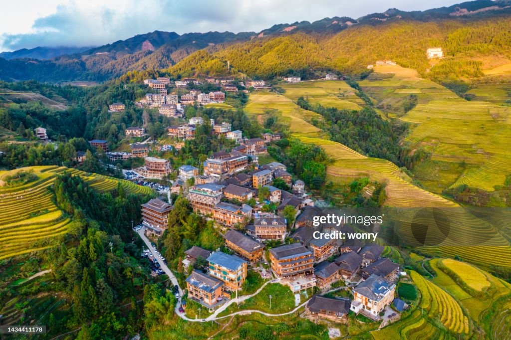Aerial view of terraced fields at Longji Town, Guilin