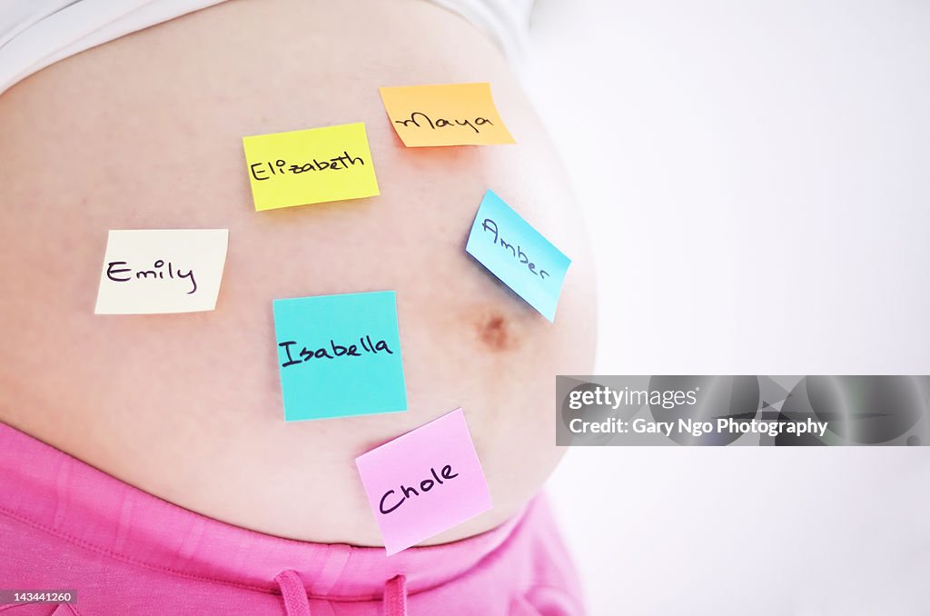 Baby name on pregnant belly