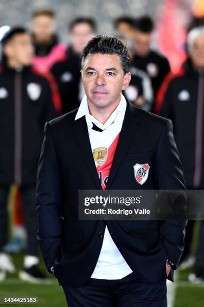 Marcelo Gallardo head coach of River Plate reacts after a match between River Plate and Rosario Central as part of Liga Profesional 2022 at Estadio...