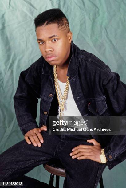 American DJ and rapper D-Nice posing for a portrait session, circa 1987.