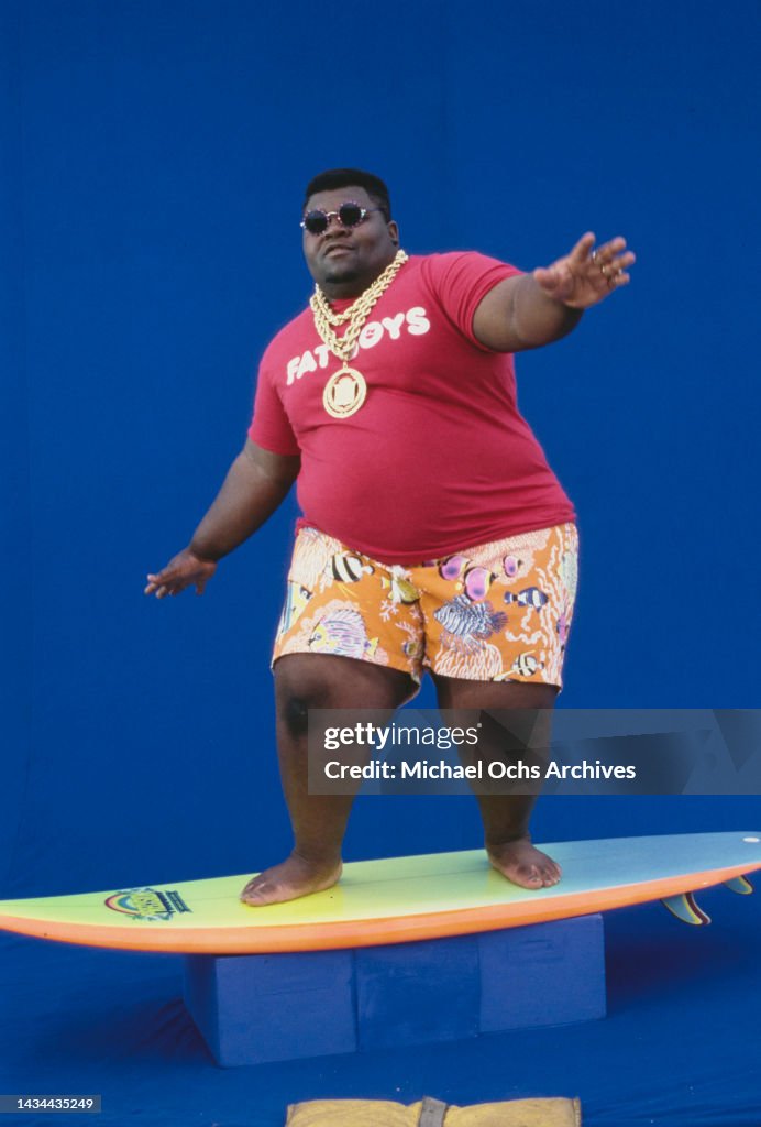 Surf 7 Rapper Darren 'Buff Love' Robinson of hip hop trio The Fat Boys posing on a ...