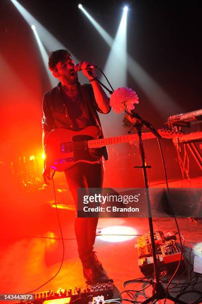 Peter Silberman of The Antlers performs on stage at Shepherds Bush Empire on April 26, 2012 in London, United Kingdom.