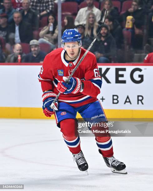 Evgenii Dadonov of the Montreal Canadiens skates against the Pittsburgh Penguins during the first period at Centre Bell on October 17, 2022 in...