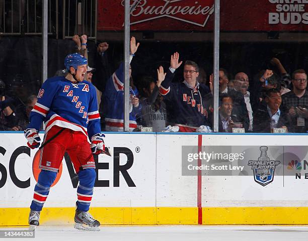 Marc Staal of the New York Rangers celebrates his goal in the second period against the Ottawa Senators in Game Seven of the Eastern Conference...