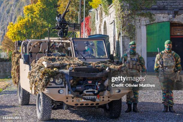 Two Para-Commandos of the Special Operations Regiment stand next to their tactical vehicle during King Philippe of Belgium's presentation of a new...