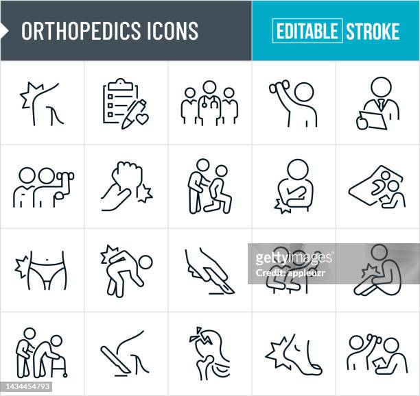 ilustrações, clipart, desenhos animados e ícones de ícones da linha fina ortopédica - traçado editável - cirurgião ortopédico