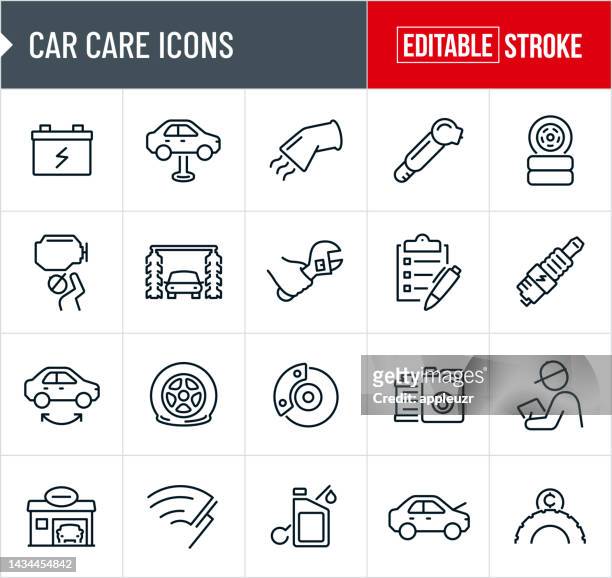 car care thin line icons - editable stroke - reifenpanne stock-grafiken, -clipart, -cartoons und -symbole