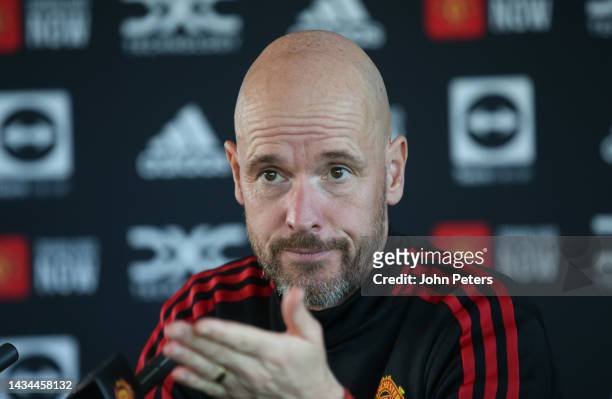 Manager Erik ten Hag of Manchester United speaks during a press conference at Carrington Training Ground on October 18, 2022 in Manchester, England.