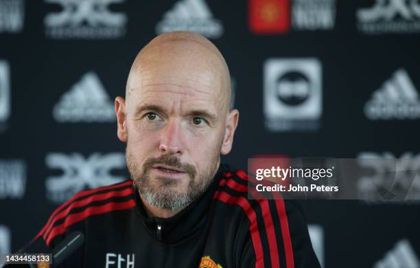 Manager Erik ten Hag of Manchester United speaks during a press conference at Carrington Training Ground on October 18, 2022 in Manchester, England.