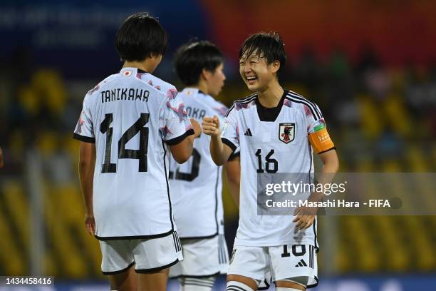 Momoko Tanikawa of Japan celebrates the first goal with Rina Nakatani during the FIFA U-17 Women's World Cup 2022 Group D, match between France and...