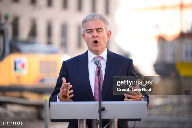 Justice Secretary Brandon Lewis attends the unveiling of flagstones to mark the site of the new Salisbury Square development on October 18, 2022 in...