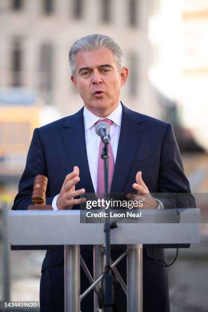 Justice Secretary Brandon Lewis attends the unveiling of flagstones to mark the site of the new Salisbury Square development on October 18, 2022 in...