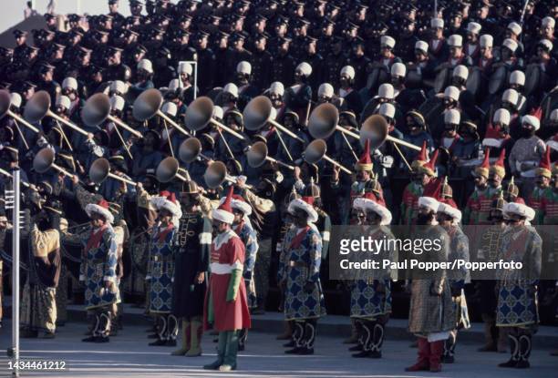 Members of the Iranian armed forces, dressed in ancient costume, take part in a parade during celebrations to commemorate the 2500th anniversary of...