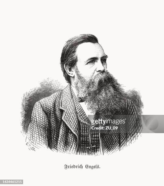 stockillustraties, clipart, cartoons en iconen met friedrich engels (1820-1895) - german philosopher, wood engraving, published in 1893 - marxisme
